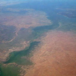 Aerial view of Algeria showcasing its diverse landscapes, from sandy Sahara desert, green Mediterranean coastline, to the snow-capped peaks of Atlas mountains.