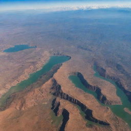 Aerial view of Algeria showcasing its diverse landscapes, from sandy Sahara desert, green Mediterranean coastline, to the snow-capped peaks of Atlas mountains.