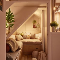 Cozy small room interior design, space-saving furniture, warm lighting, soft textures, vibrant plants