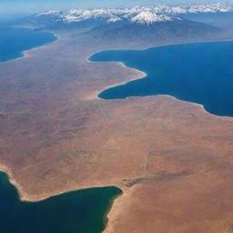 Aerial view of Algeria showcasing its diverse landscapes, from sandy Sahara desert, green Mediterranean coastline, to the snow-capped peaks of Atlas mountains.