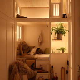 Cozy small room interior design, space-saving furniture, warm lighting, soft textures, vibrant plants