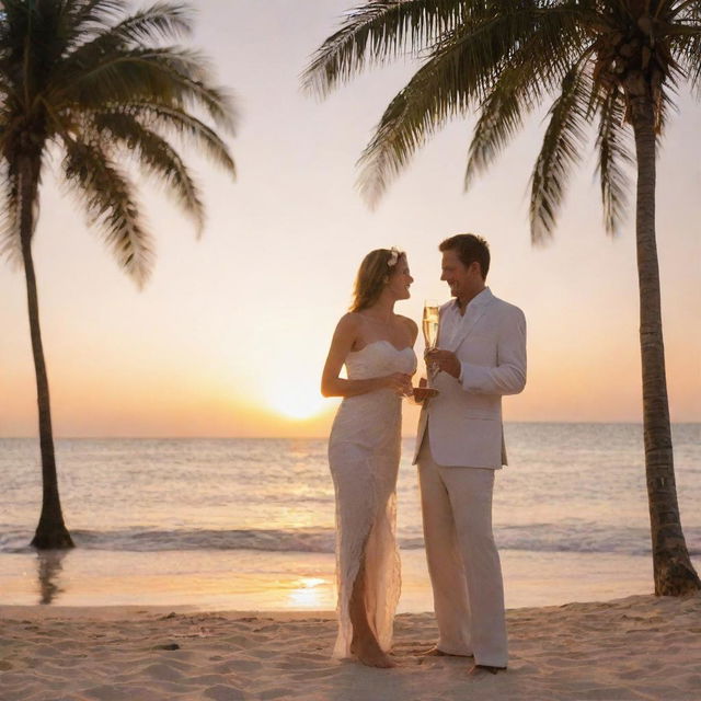 A romantic scene of a couple on their honeymoon enjoying a sunset on a tropical beach, toasting with champagne glasses, framed by palm trees.