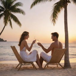 A romantic scene of a couple on their honeymoon enjoying a sunset on a tropical beach, toasting with champagne glasses, framed by palm trees.