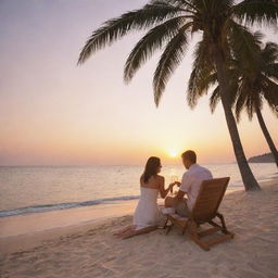 A romantic scene of a couple on their honeymoon enjoying a sunset on a tropical beach, toasting with champagne glasses, framed by palm trees.