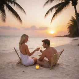 A romantic scene of a couple on their honeymoon enjoying a sunset on a tropical beach, toasting with champagne glasses, framed by palm trees.