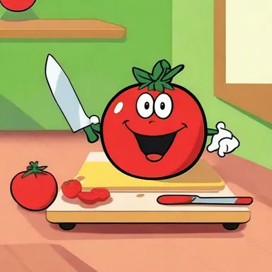 In the cartoon, the character used the chopping block to comically slice a tomato into perfectly even pieces.