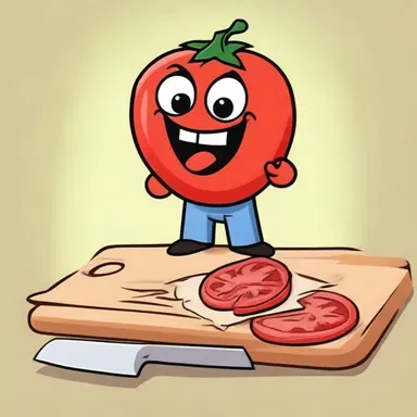 In the cartoon, the character used the chopping block to comically slice a tomato into perfectly even pieces.