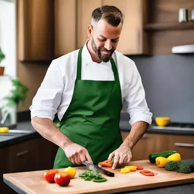 The trendy chef wore a stylish apron while skillfully chopping vegetables on the chopping block.