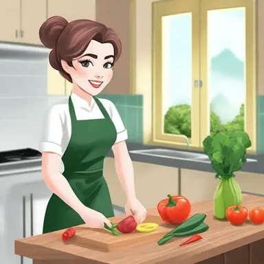 The trendy chef wore a stylish apron while skillfully chopping vegetables on the chopping block.