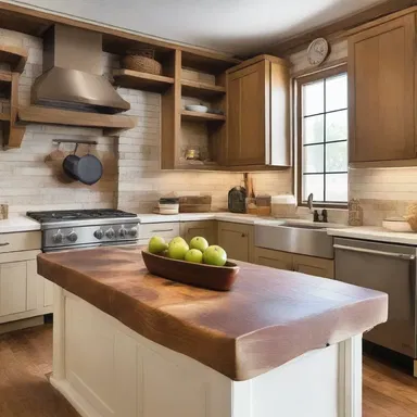 The rustic kitchen featured a large chopping block as its centerpiece, adding a touch of warmth and functionality to the space.