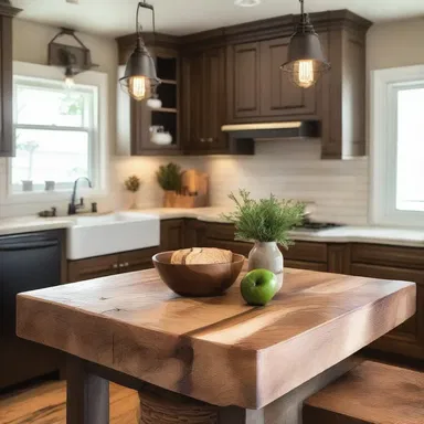 The rustic kitchen featured a large chopping block as its centerpiece, adding a touch of warmth and functionality to the space.