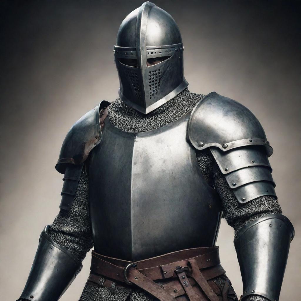 Create an image of an intimidating medieval knight, clad in full armor, carrying a formidable sword, provoking a sense of terror.