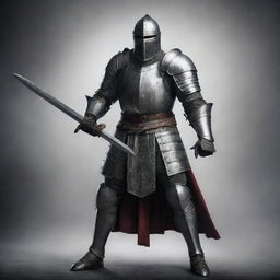 Create an image of an intimidating medieval knight, clad in full armor, carrying a formidable sword, provoking a sense of terror.