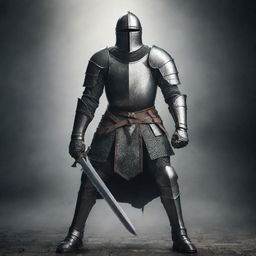 Create an image of an intimidating medieval knight, clad in full armor, carrying a formidable sword, provoking a sense of terror.