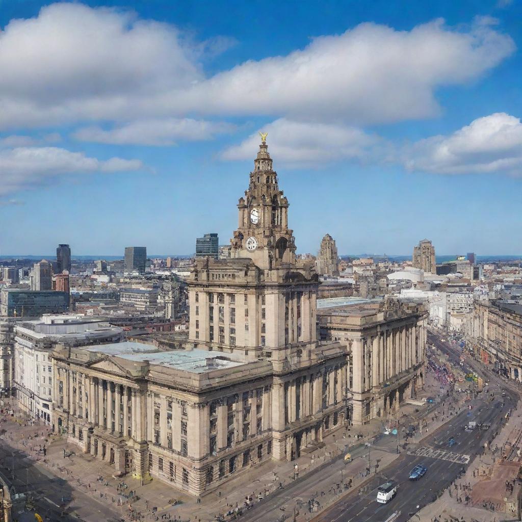 A panoramic view of Liverpool cityscape, including the iconic Royal Liver Building, the waterfront River Mersey, and the historical Grand Central Hall under the azure sky.