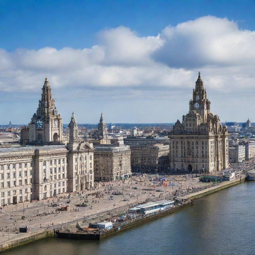 A panoramic view of Liverpool cityscape, including the iconic Royal Liver Building, the waterfront River Mersey, and the historical Grand Central Hall under the azure sky.