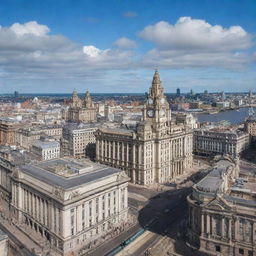 A panoramic view of Liverpool cityscape, including the iconic Royal Liver Building, the waterfront River Mersey, and the historical Grand Central Hall under the azure sky.