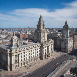 A panoramic view of Liverpool cityscape, including the iconic Royal Liver Building, the waterfront River Mersey, and the historical Grand Central Hall under the azure sky.