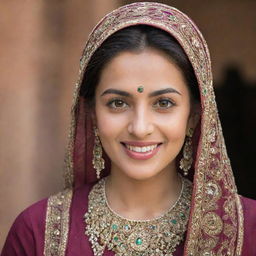 A confident Pakistani woman with traditional attire, expressive eyes and a gracious smile, against a cultural backdrop.