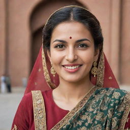 A confident Pakistani woman with traditional attire, expressive eyes and a gracious smile, against a cultural backdrop.