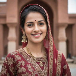 A confident Pakistani woman with traditional attire, expressive eyes and a gracious smile, against a cultural backdrop.