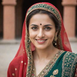 A confident Pakistani woman with traditional attire, expressive eyes and a gracious smile, against a cultural backdrop.