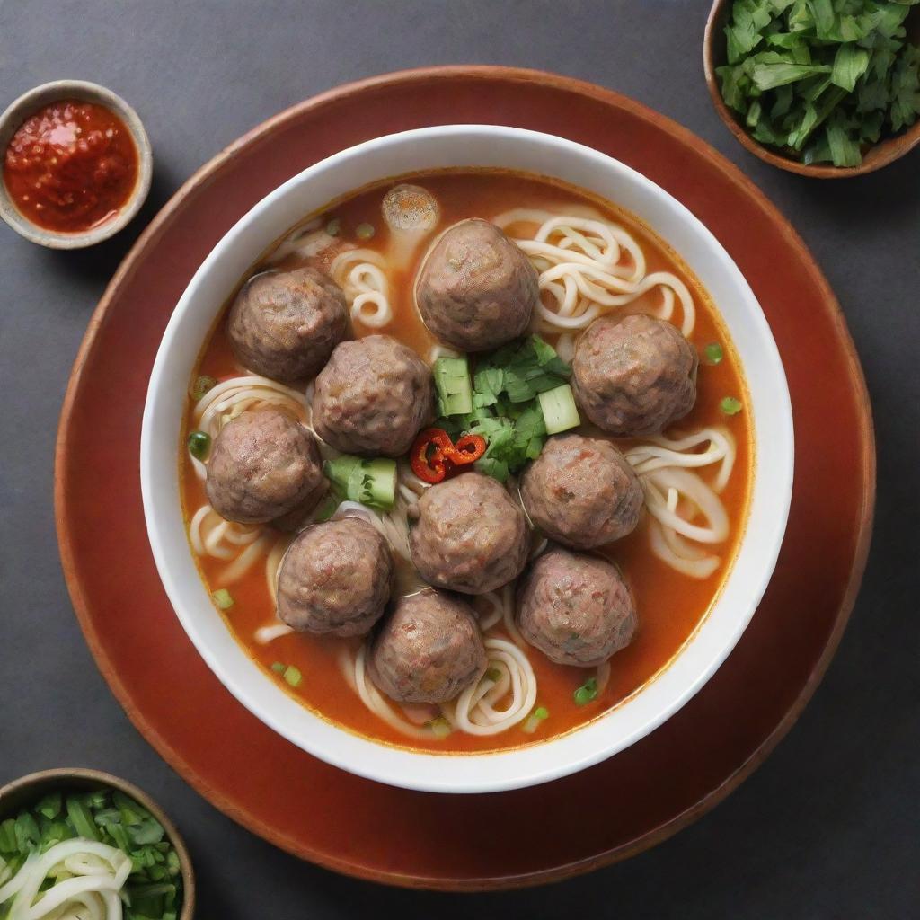 A tantalizing serving of Bakso Aci 75, Indonesian meatball soup served piping hot, with delicate meatballs, rich broth, noodles, green onions, and sambal for a spicy kick.