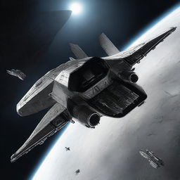 A high-quality digital art piece depicting a sleek spacefighter, darting away from a squadron of bulky enemy spacefighters