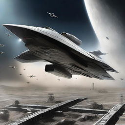 A high-quality digital art piece depicting a sleek spacefighter, darting away from a squadron of bulky enemy spacefighters