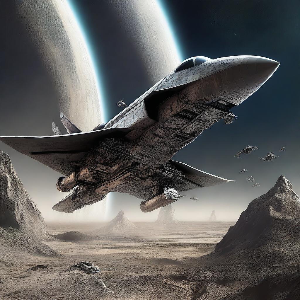 A high-quality digital art piece depicting a sleek spacefighter, darting away from a squadron of bulky enemy spacefighters