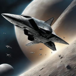 A high-quality digital art piece depicting a sleek spacefighter, darting away from a squadron of bulky enemy spacefighters