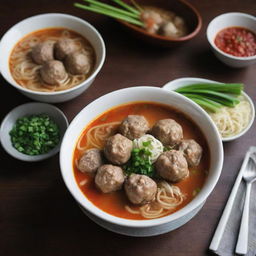 A tantalizing serving of Bakso Aci 75, Indonesian meatball soup served piping hot, with delicate meatballs, rich broth, noodles, green onions, and sambal for a spicy kick.