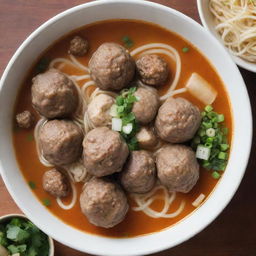 A tantalizing serving of Bakso Aci 75, Indonesian meatball soup served piping hot, with delicate meatballs, rich broth, noodles, green onions, and sambal for a spicy kick.