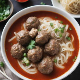 A tantalizing serving of Bakso Aci 75, Indonesian meatball soup served piping hot, with delicate meatballs, rich broth, noodles, green onions, and sambal for a spicy kick.