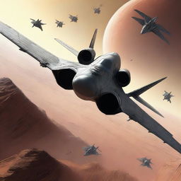 A top-tier digital art image showcasing a sweptwing star fighter, pursued by a group of irregularly-shaped enemy fighters