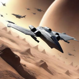 A top-tier digital art image showcasing a sweptwing star fighter, pursued by a group of irregularly-shaped enemy fighters