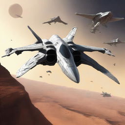 A top-tier digital art image showcasing a sweptwing star fighter, pursued by a group of irregularly-shaped enemy fighters