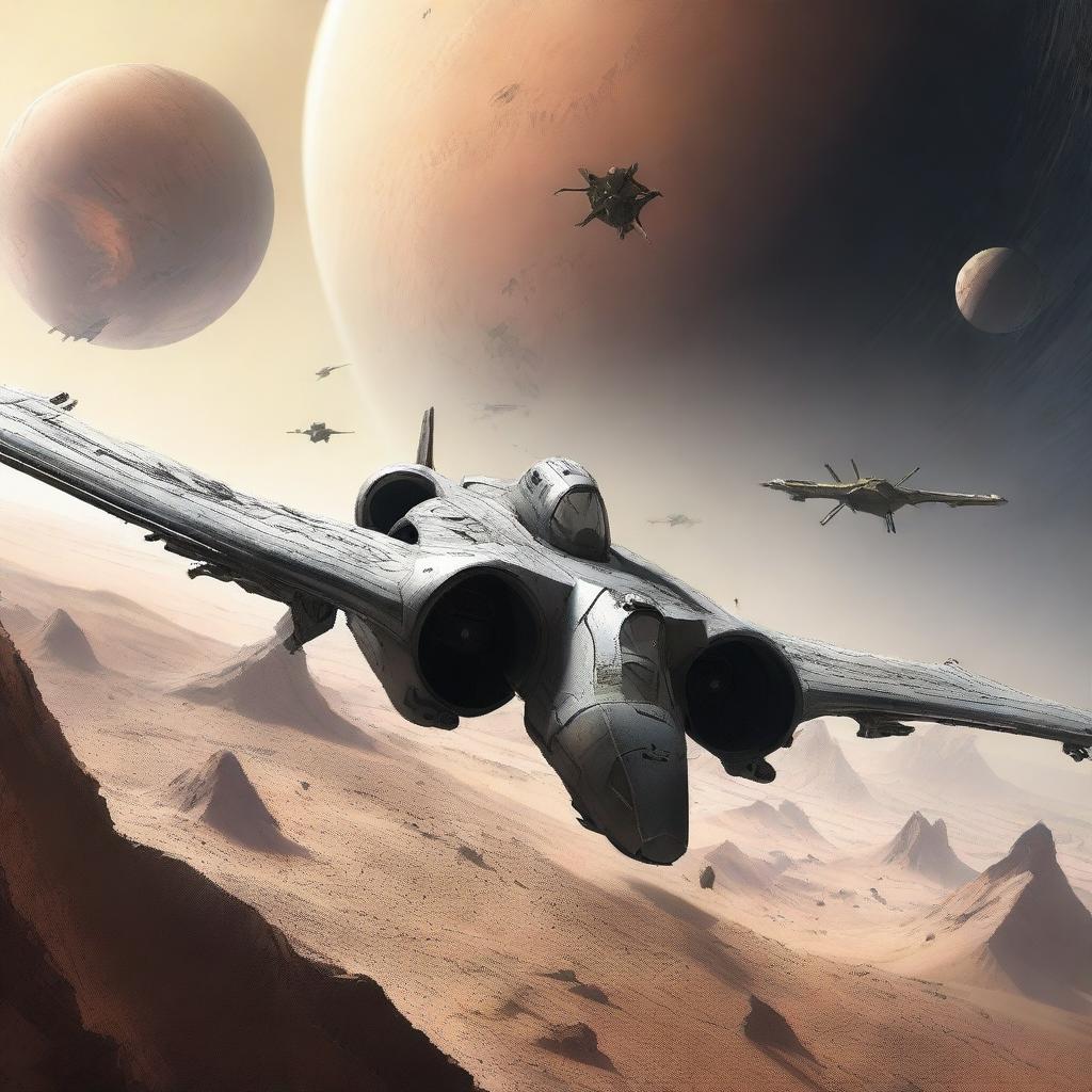 A top-tier digital art image showcasing a sweptwing star fighter, pursued by a group of irregularly-shaped enemy fighters