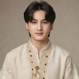 Jungkook from BTS dressed in a traditional Indian Kurta with a Tilak on his forehead