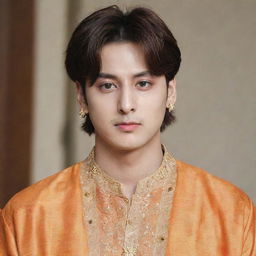 Jungkook from BTS dressed in a traditional Indian Kurta with a Tilak on his forehead