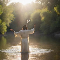 Jesus being baptized by John the Baptist in the Jordan river, a dove descending from the sky representing the Holy Spirit, with a soft heavenly light illuminating the scene.