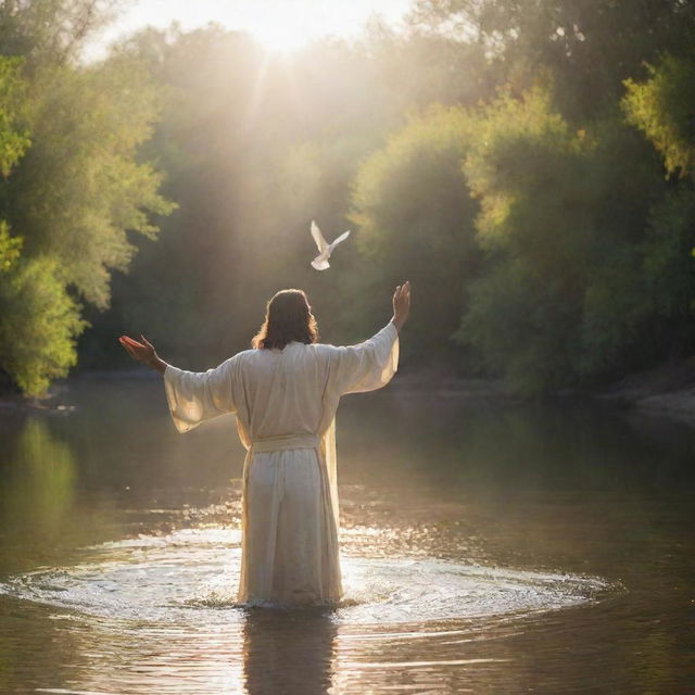 Jesus being baptized by John the Baptist in the Jordan river, a dove descending from the sky representing the Holy Spirit, with a soft heavenly light illuminating the scene.