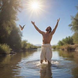 Jesus being baptized by John the Baptist in the Jordan river, a dove descending from the sky representing the Holy Spirit, with a soft heavenly light illuminating the scene.