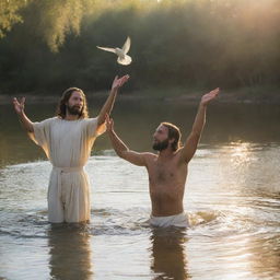 Jesus being baptized by John the Baptist in the Jordan river, a dove descending from the sky representing the Holy Spirit, with a soft heavenly light illuminating the scene.