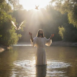 Jesus being baptized by John the Baptist in the Jordan river, a dove descending from the sky representing the Holy Spirit, with a soft heavenly light illuminating the scene.