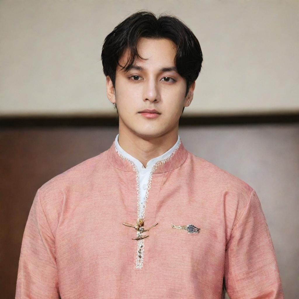 Jeon Jungkook from BTS wearing a stylish Indian Kurta with a Tilak mark on his forehead