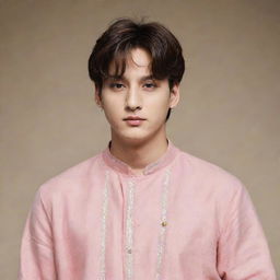 Jeon Jungkook from BTS wearing a stylish Indian Kurta with a Tilak mark on his forehead