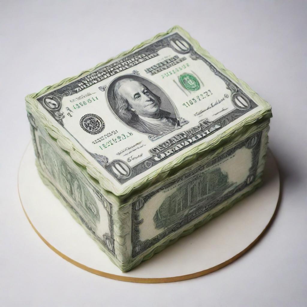 A striking image of a delicious cake creatively designed to resemble a $100 bill, with intricate detail mimicking the dollar's design elements