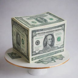 A striking image of a delicious cake creatively designed to resemble a $100 bill, with intricate detail mimicking the dollar's design elements