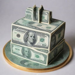 A striking image of a delicious cake creatively designed to resemble a $100 bill, with intricate detail mimicking the dollar's design elements